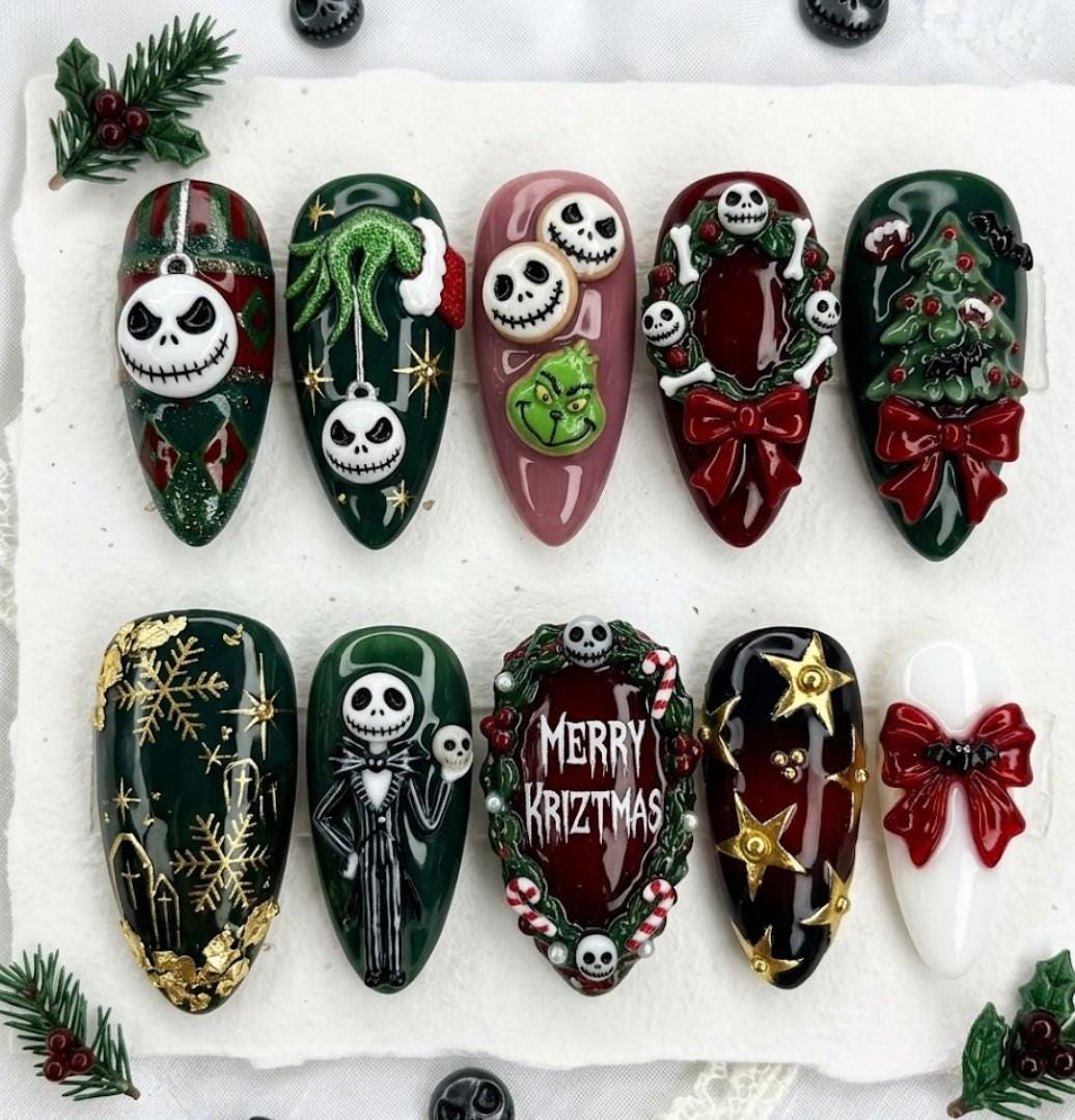 Spooky Christmas Press On Nails With Jack Skellington, Holly, Bows, and 3D Details