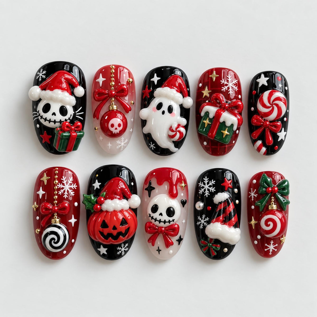 Spooky Christmas Press On Nails with Skeleton Santa, Ghosts, Pumpkins, and Candy Canes