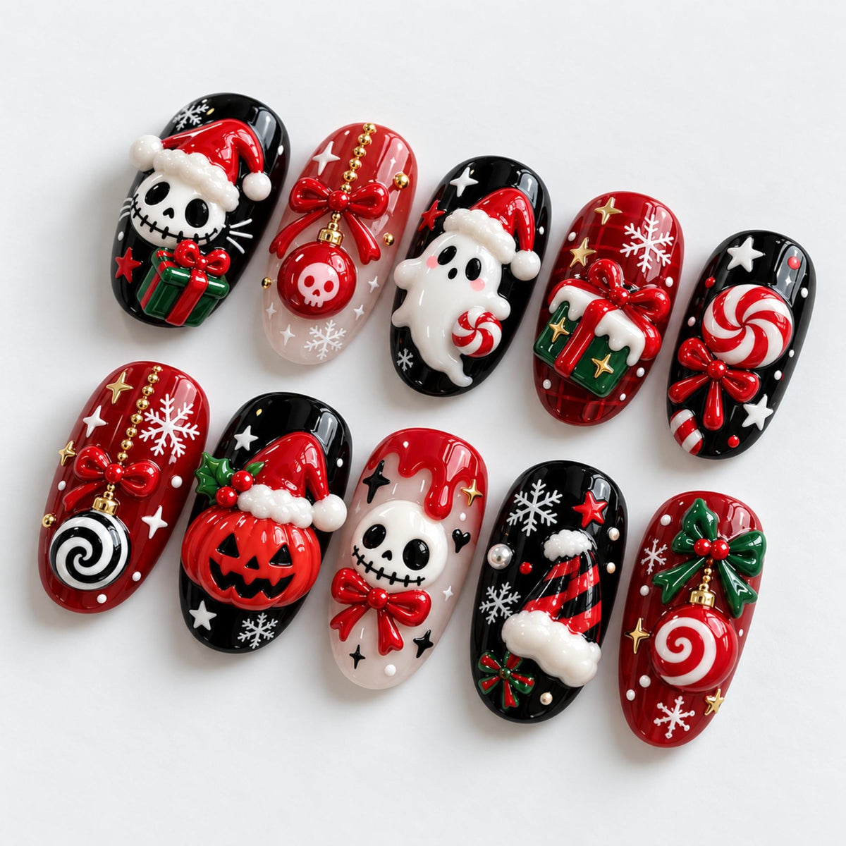 Spooky Christmas Press On Nails with Skeleton Santa, Ghosts, Pumpkins, and Candy Canes