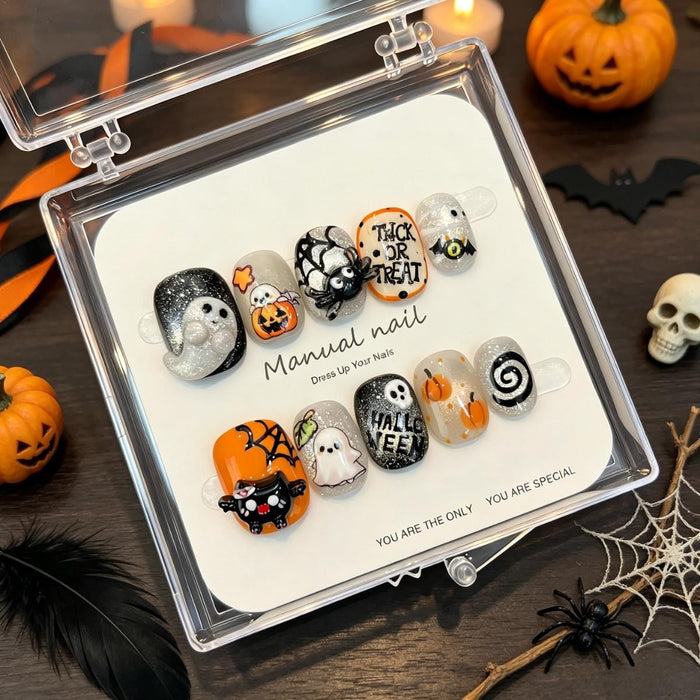 Spooky-Cute Halloween Press On Nails With Ghosts, Pumpkins, Glitter and 3D Details