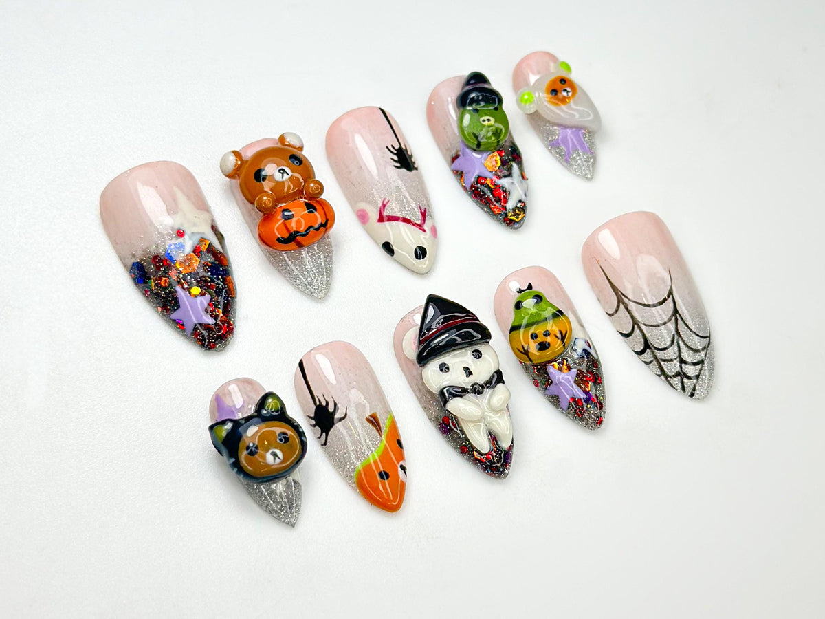 Spooky Kawaii Halloween Nails With 3D Bears, Witch, Ghost, Pumpkin and Glitter Webs