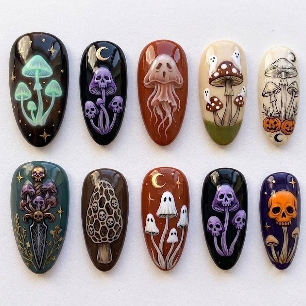 Spooky Mushroom and Skull Halloween Press-On Nail Set With Ghosts and Moons