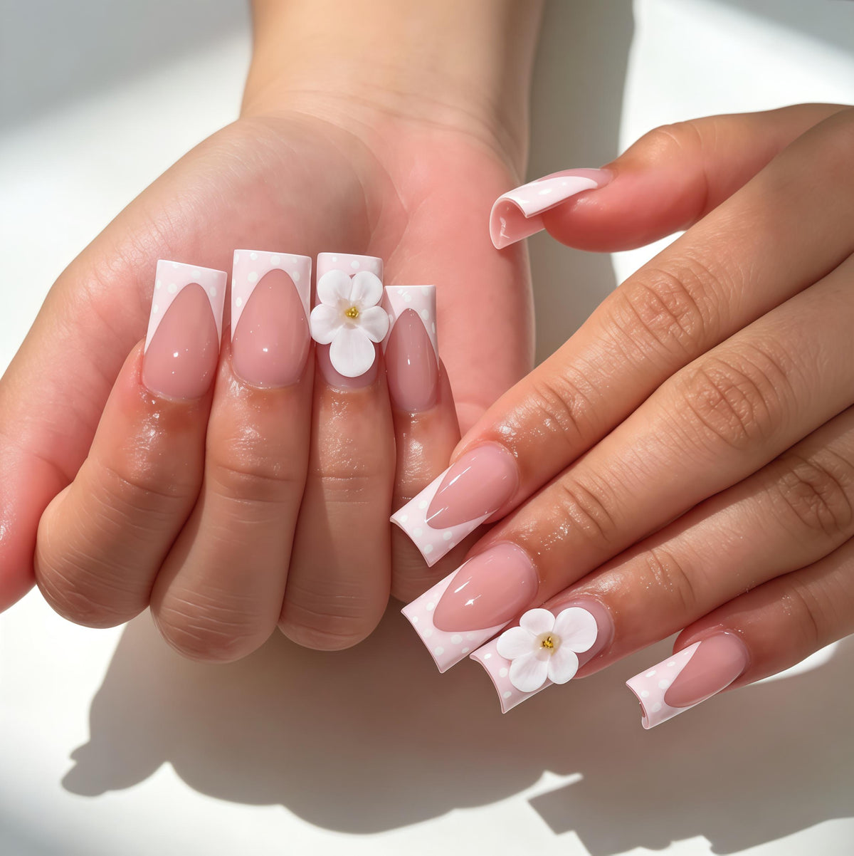 Spring Blush Pink French Tip Press On Nails With 3D White Flowers and Gold Centers