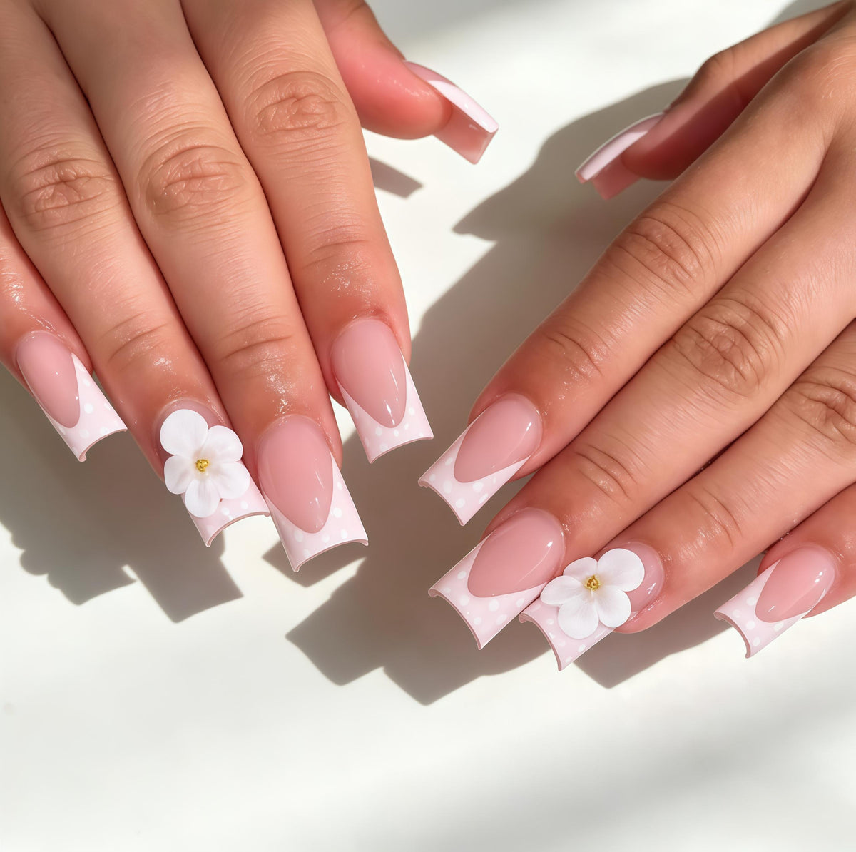 Spring Blush Pink French Tip Press On Nails With 3D White Flowers and Gold Centers