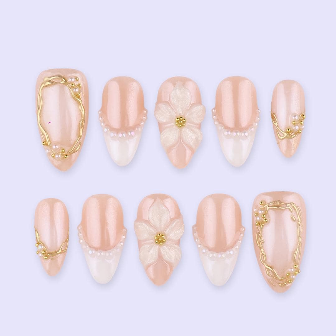 Spring Bridal French Tip Nails With 3D Flowers, Pearl Borders and Gold Frames