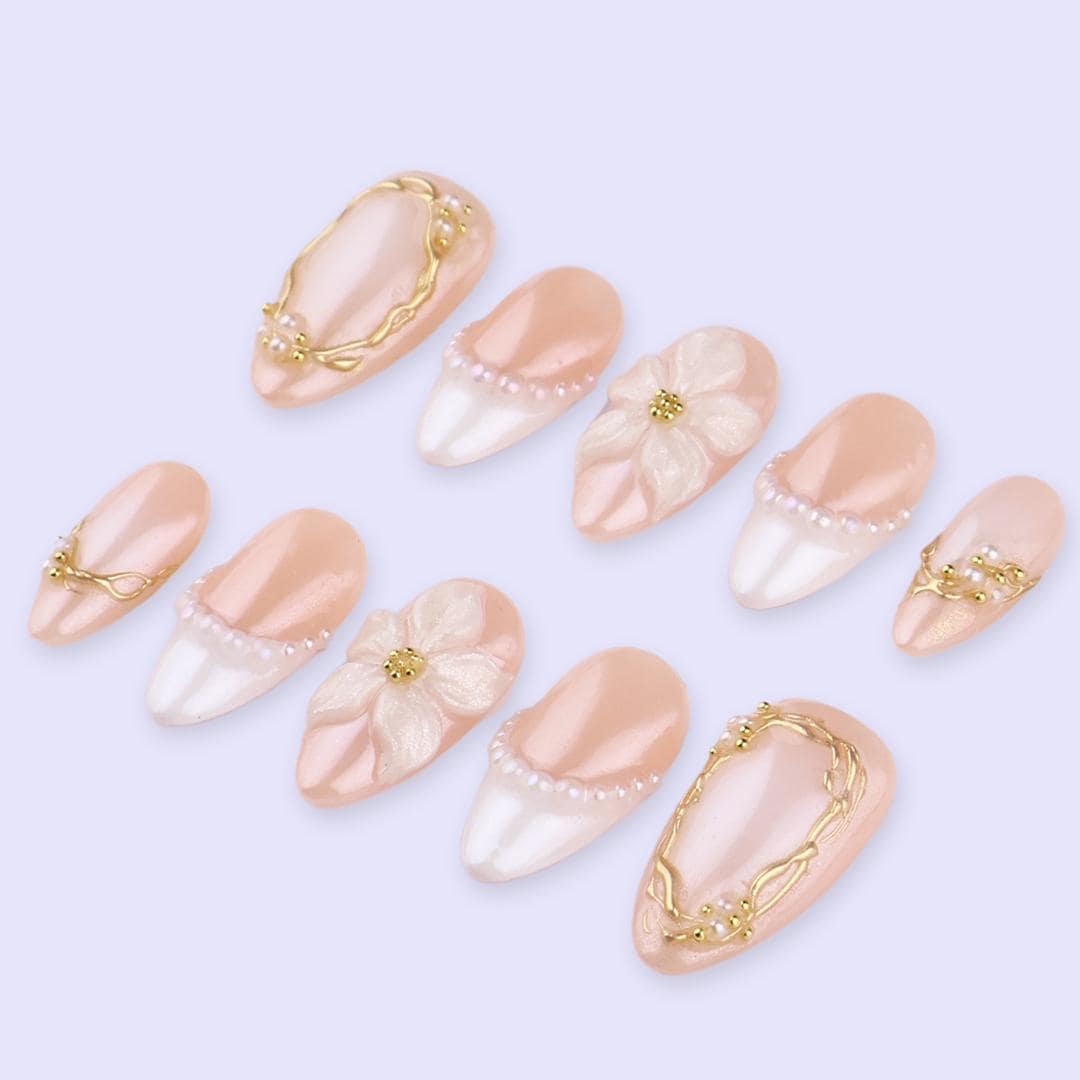 Spring Bridal French Tip Nails With 3D Flowers, Pearl Borders and Gold Frames