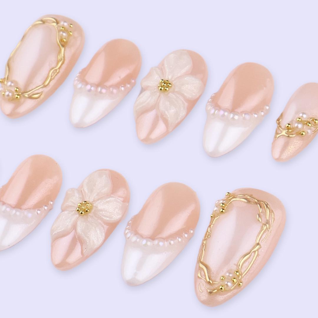 Spring Bridal French Tip Nails With 3D Flowers, Pearl Borders and Gold Frames