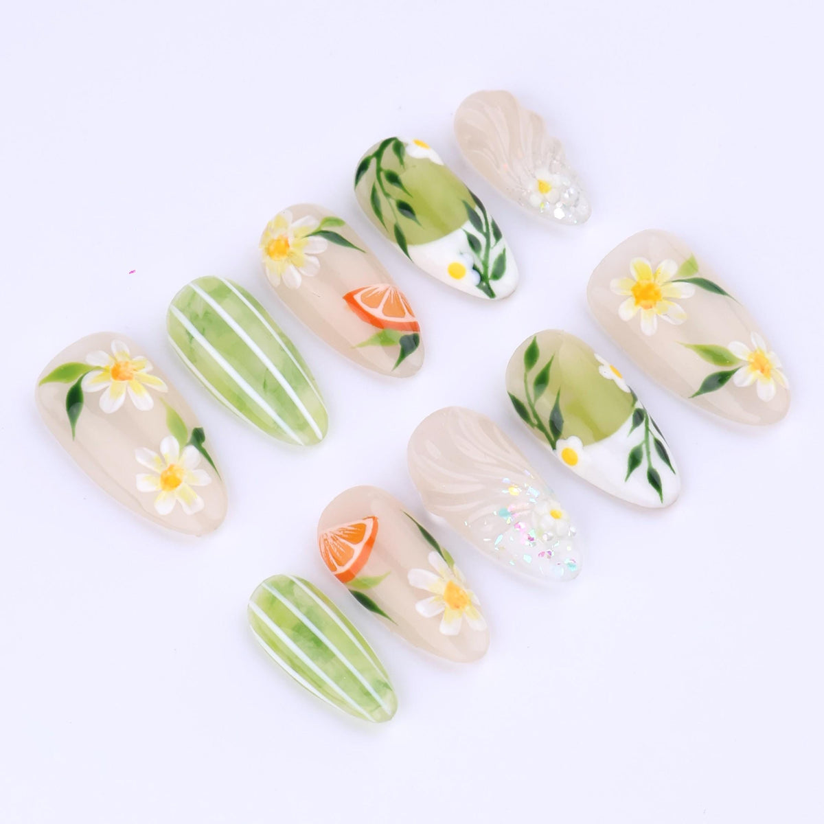 Spring Daisy, Green Leaf and Orange Slice Botanical Press On Nails