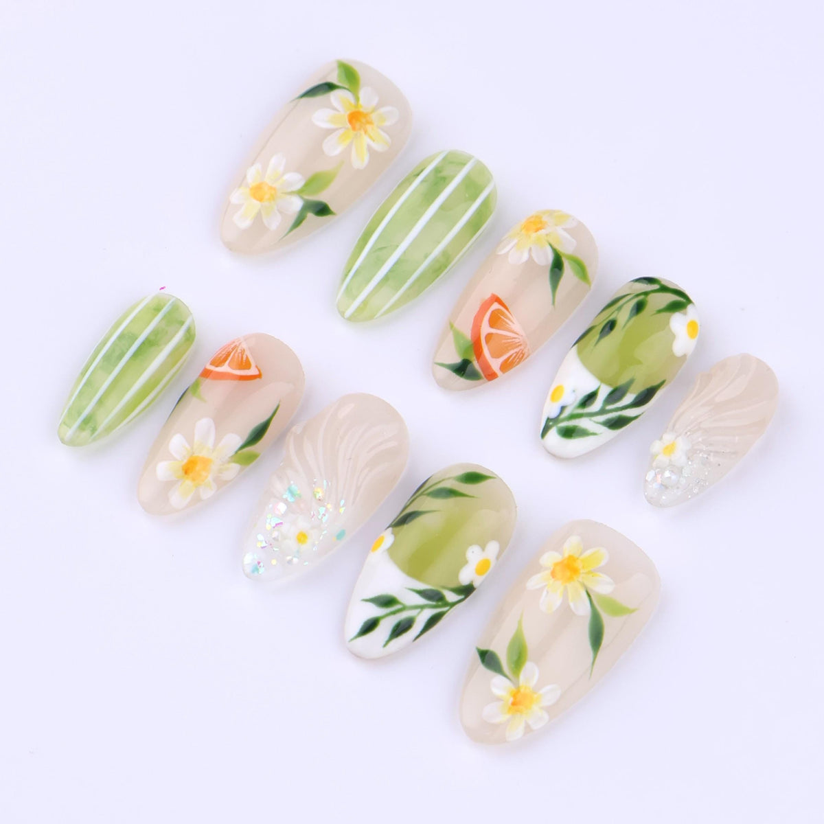 Spring Daisy, Green Leaf and Orange Slice Botanical Press On Nails