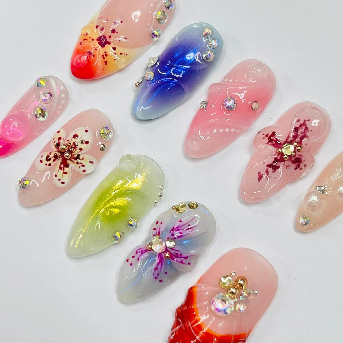 Spring Enchanted Garden Floral Press On Nail Set With Rhinestones
