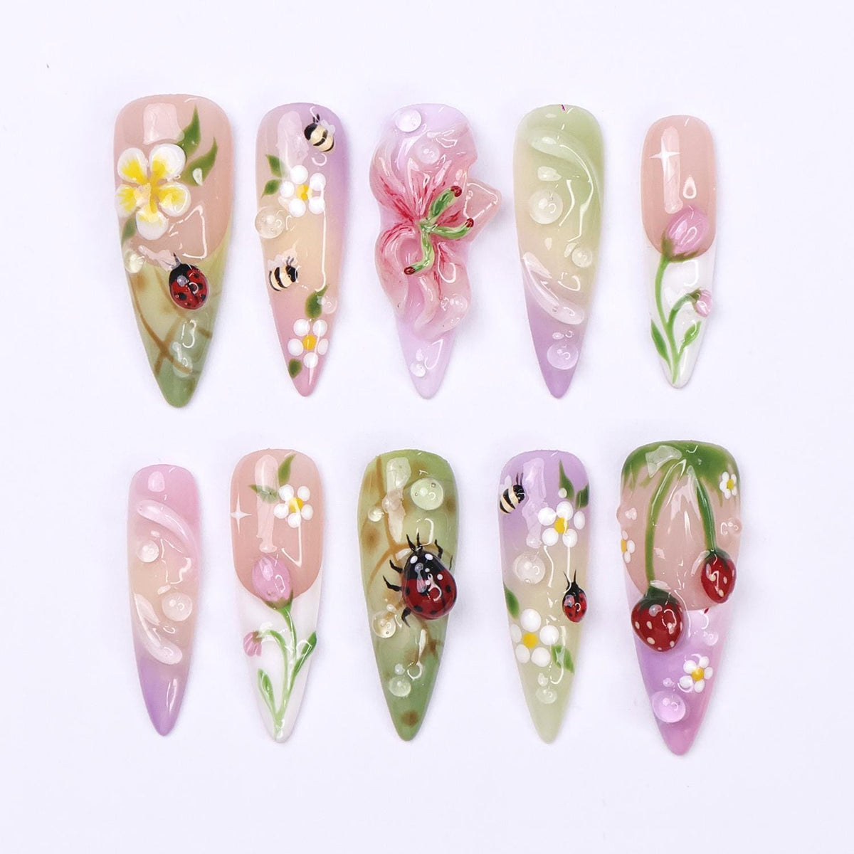 Spring Floral Insect Nail Set With 3D Pink Flower