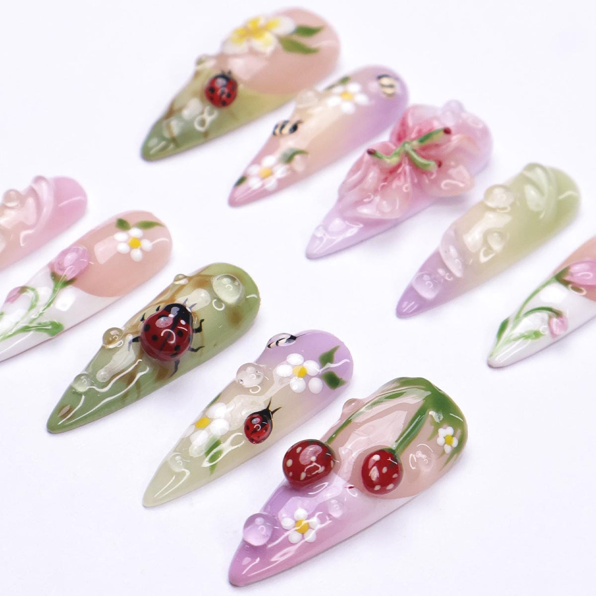 Spring Floral Insect Nail Set With 3D Pink Flower