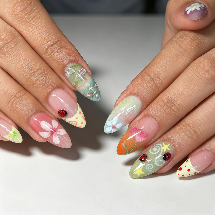 Spring Floral Ladybug Press On Nail Set With Garden Scenes, Swirls, and Stars