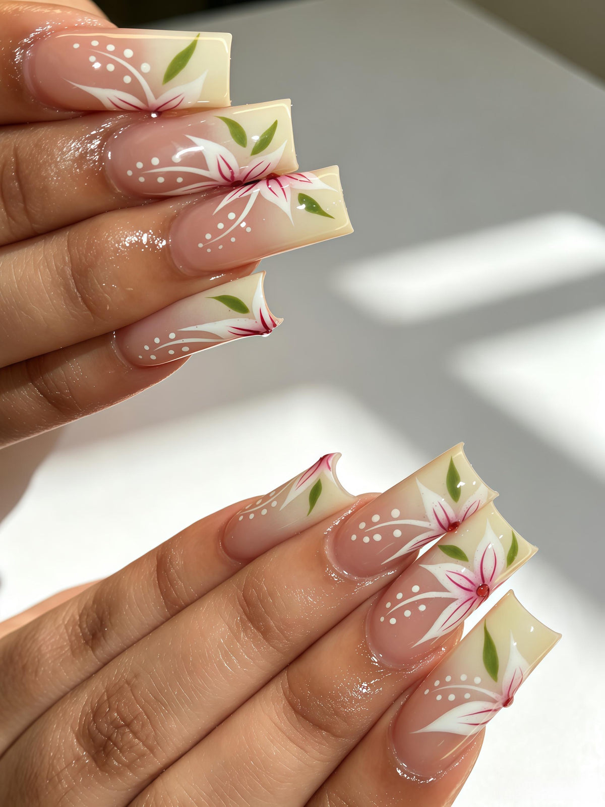 Spring Floral Nude Pink French Tip Press On Nails With Green Leaves