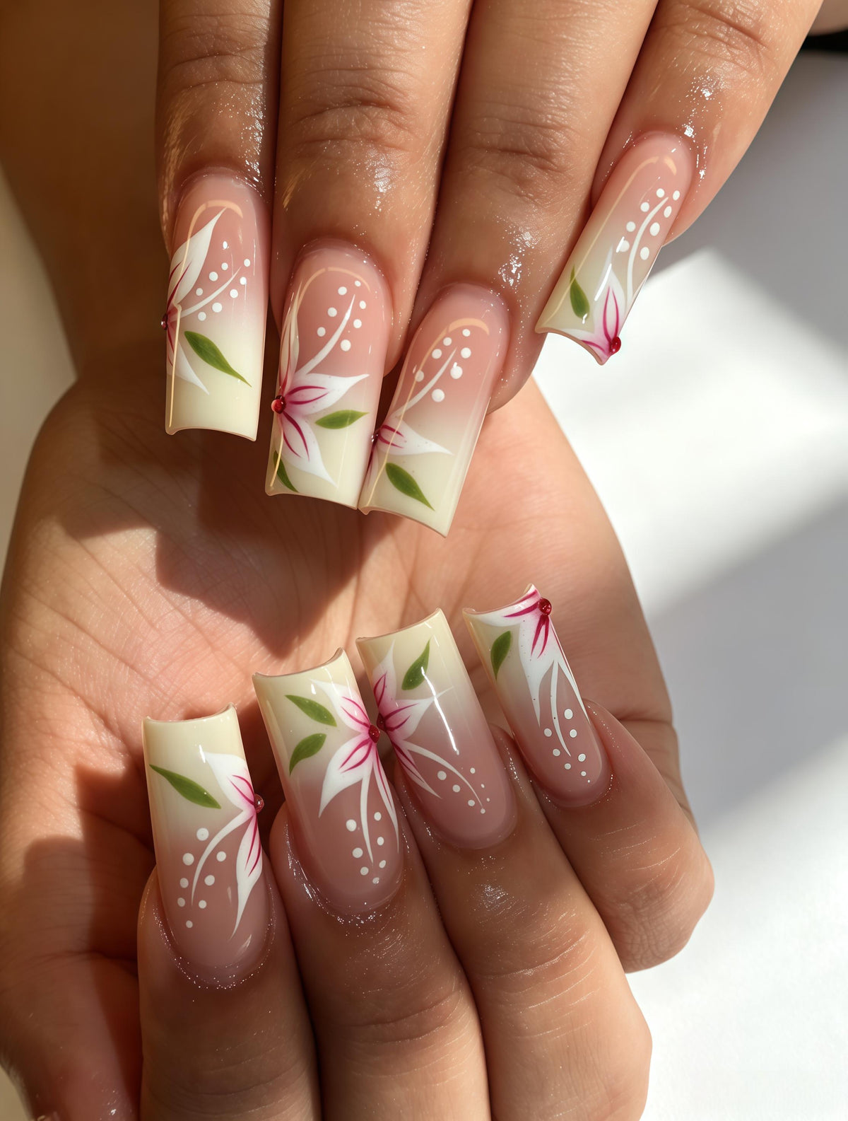 Spring Floral Nude Pink French Tip Press On Nails With Green Leaves