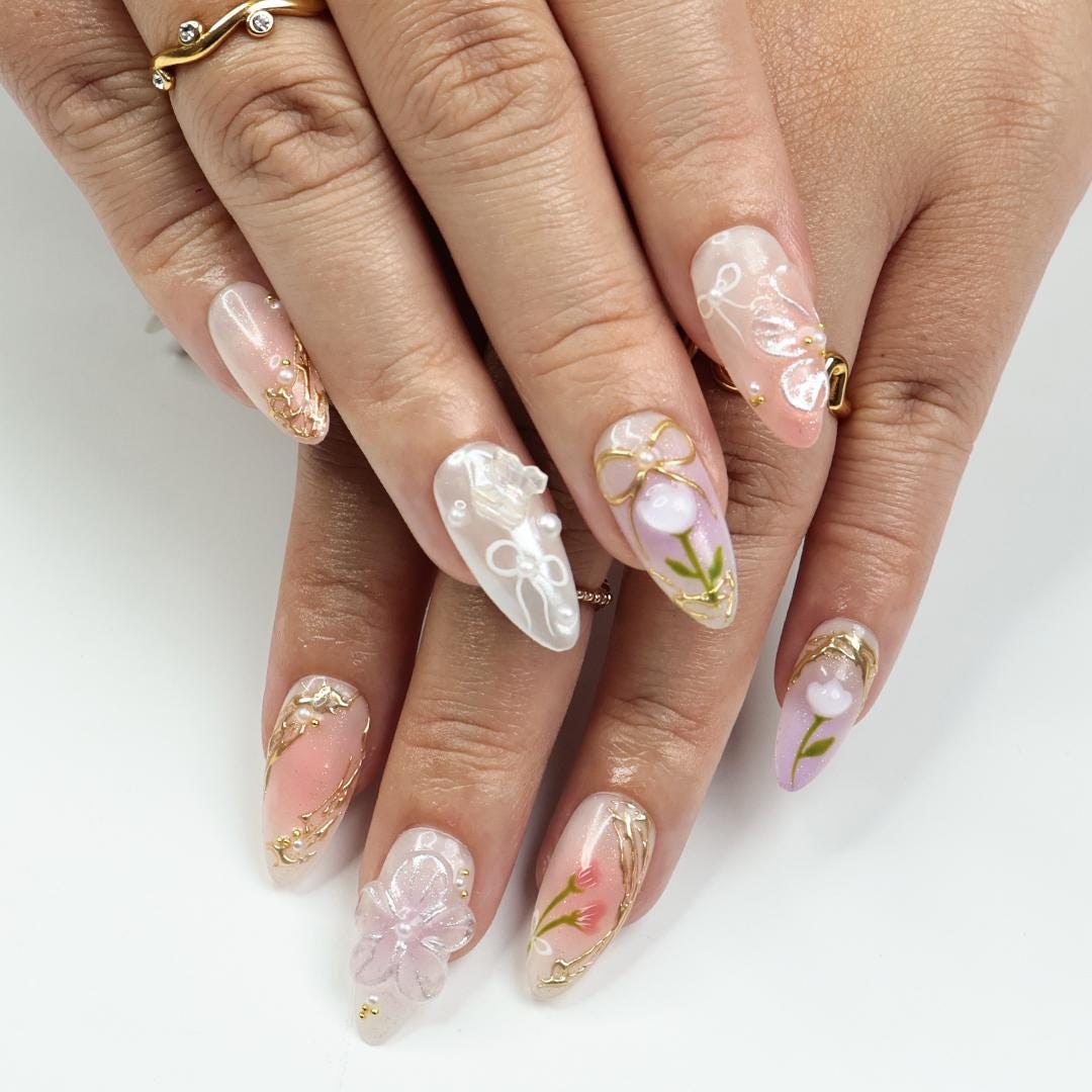 Spring Floral Press On Nails With Gold Ribbon Bows and Pearls