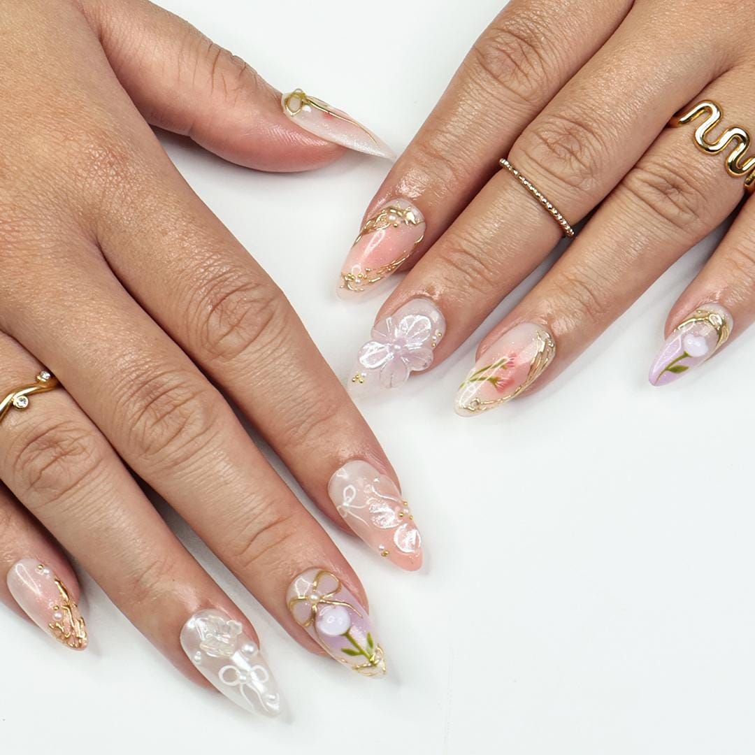Spring Floral Press On Nails With Gold Ribbon Bows and Pearls