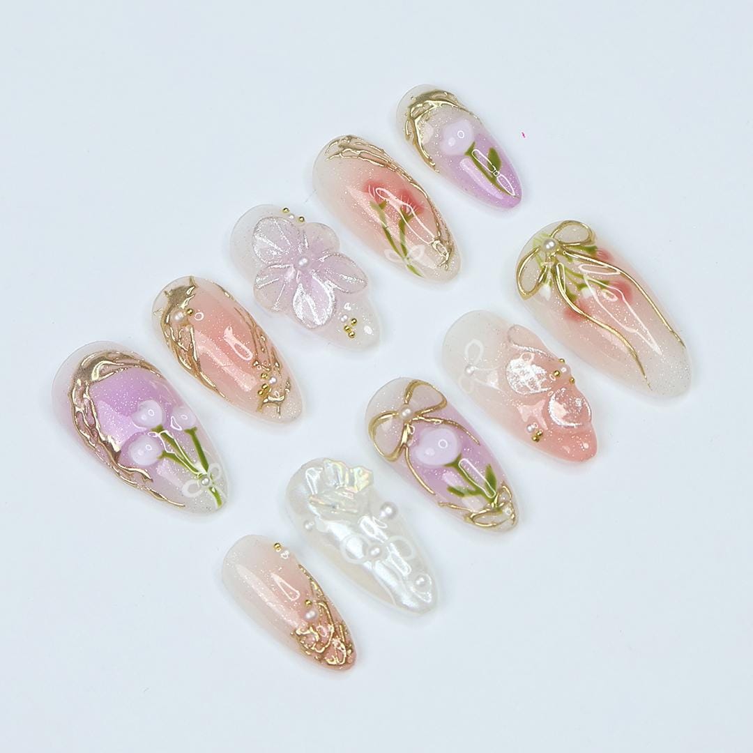 Spring Floral Press On Nails With Gold Ribbon Bows and Pearls