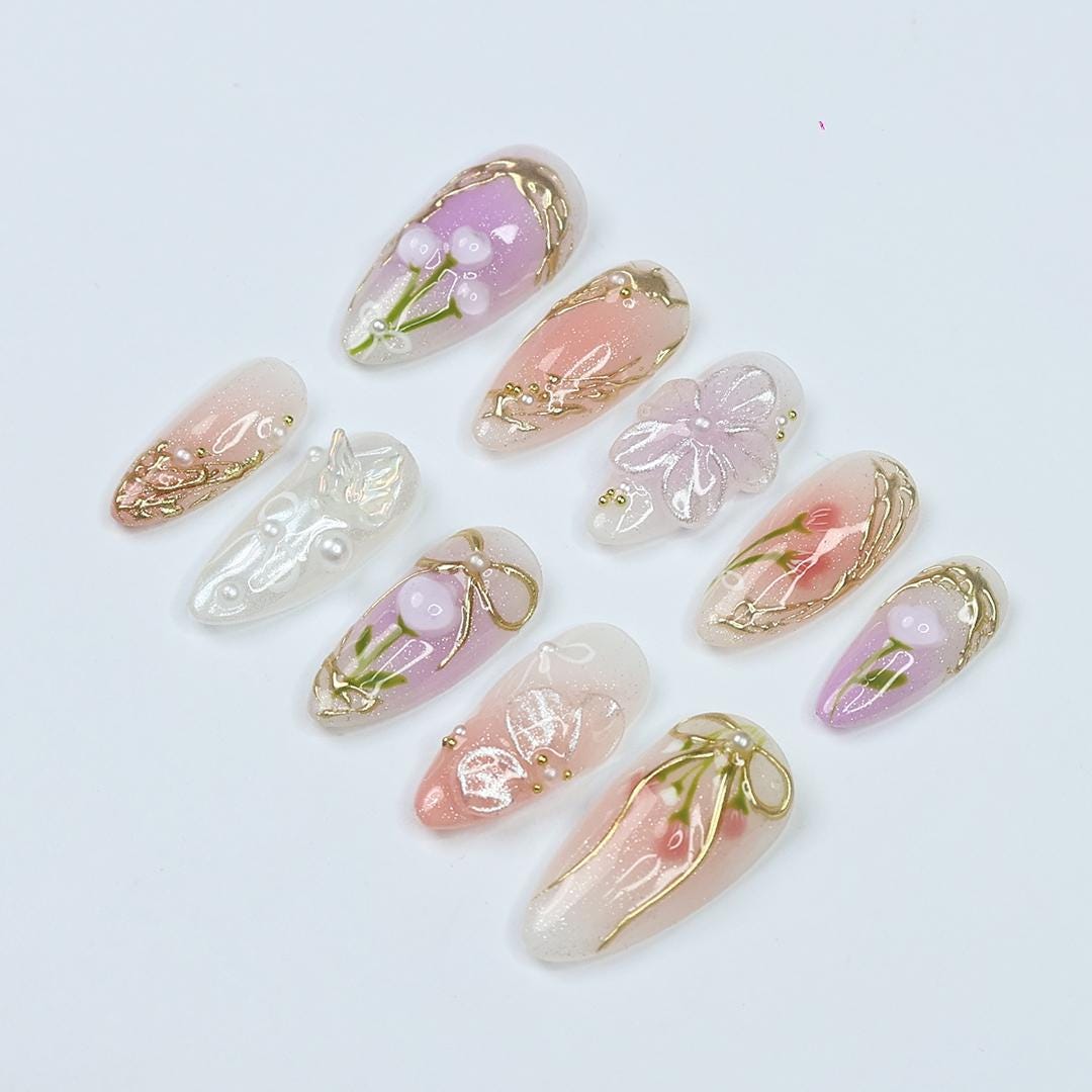 Spring Floral Press On Nails With Gold Ribbon Bows and Pearls