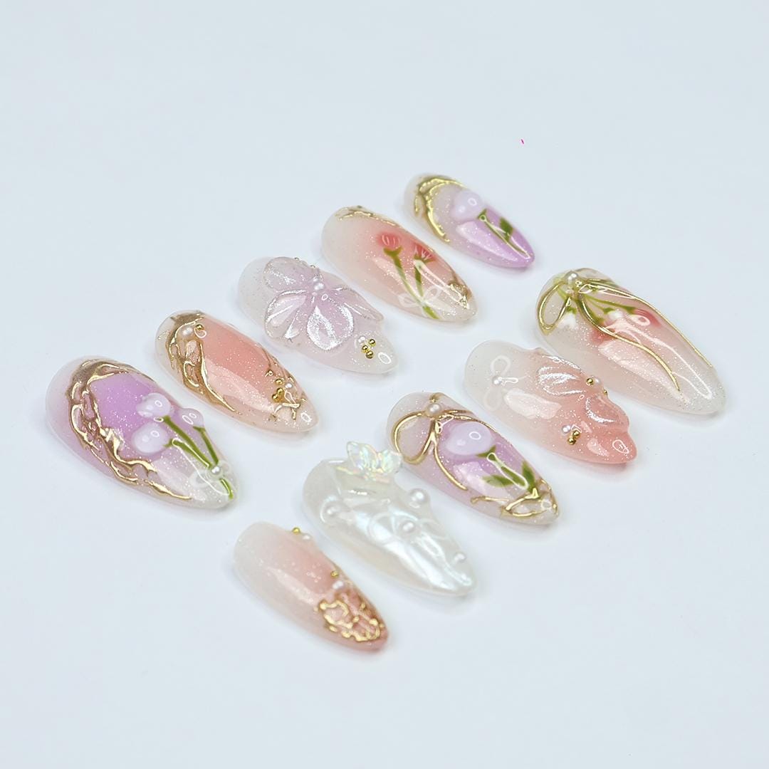 Spring Floral Press On Nails With Gold Ribbon Bows and Pearls