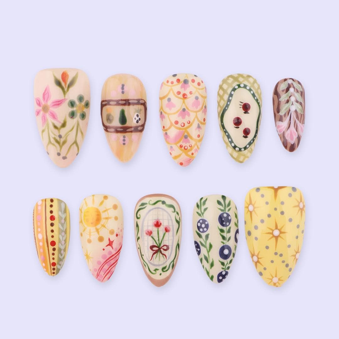 Spring Folk Garden Floral Press On Nails in Warm Pastel Colors