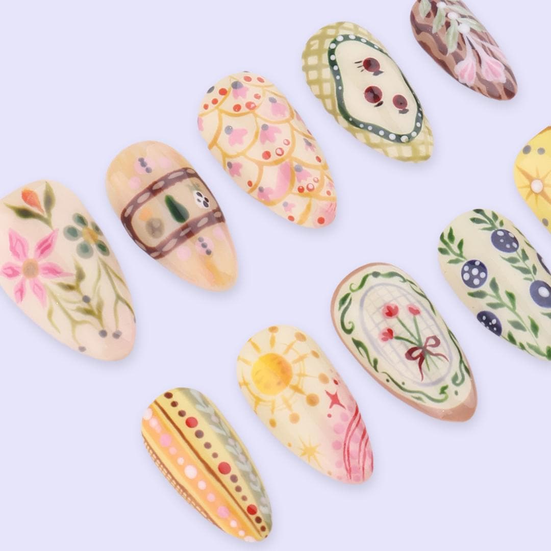 Spring Folk Garden Floral Press On Nails in Warm Pastel Colors