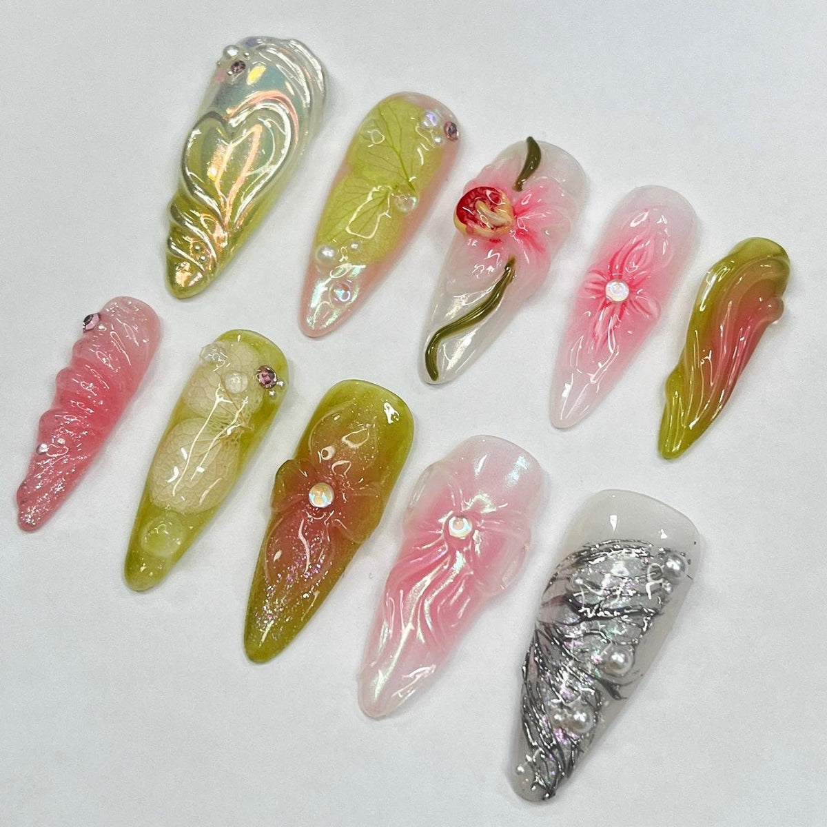 Spring Garden 3D Floral Nails with Iridescent Shimmer and Silver Accents