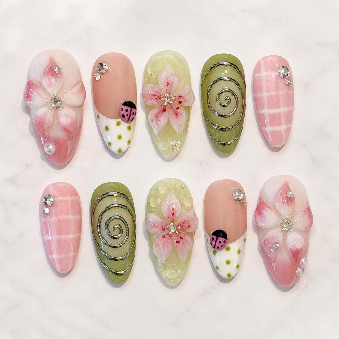 Spring Garden Pink Flower and Ladybug Nails with Plaid, Silver Swirls, and Rhinestones