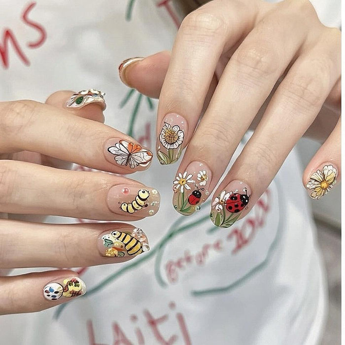 Spring Garden Press-On Nails with Daisies, Bees, Butterfly and Ladybug
