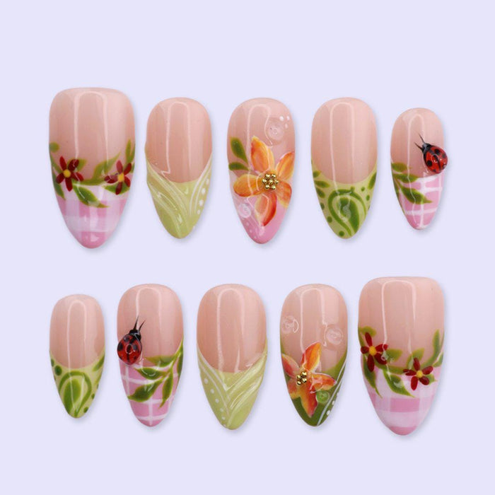 Spring Garden Press-On Nails with Pink Plaid, Flowers and Ladybugs