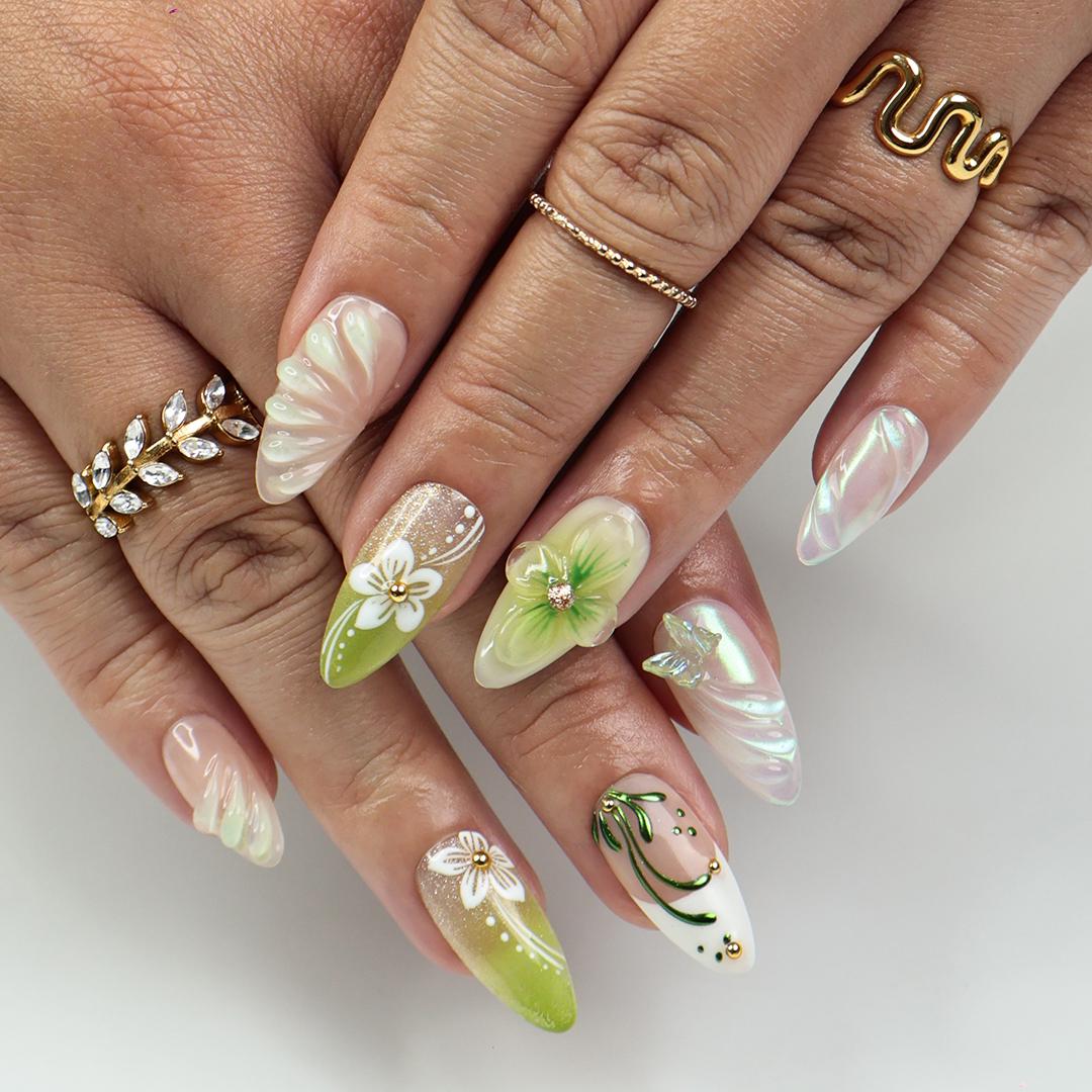 Spring Green and Blush Floral Butterfly Press-On Nail Set with 3D Flowers and Iridescent Chrome