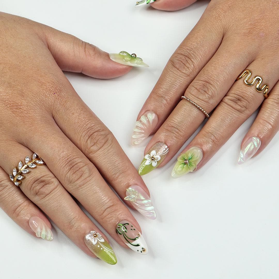 Spring Green and Blush Floral Butterfly Press-On Nail Set with 3D Flowers and Iridescent Chrome