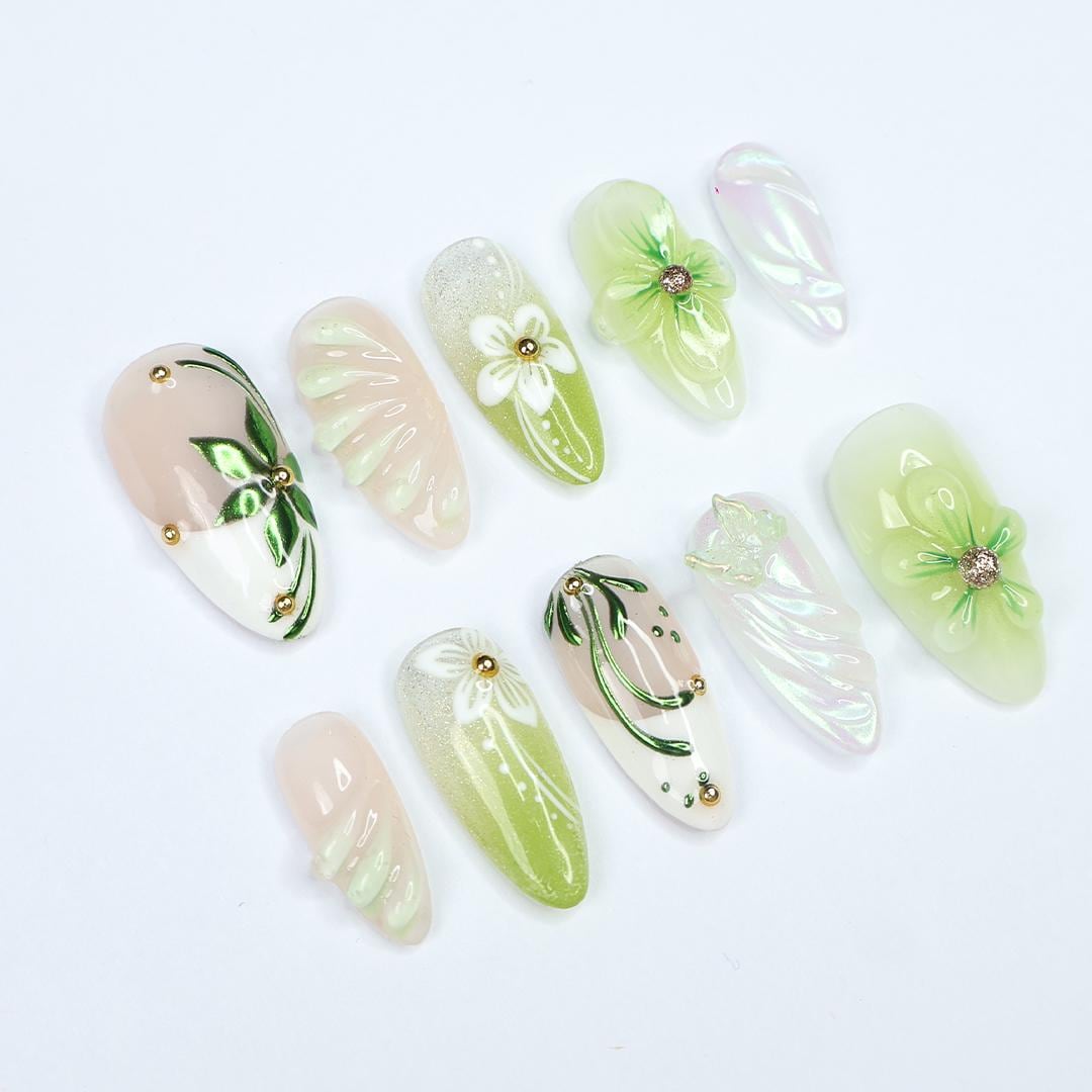 Spring Green and Blush Floral Butterfly Press-On Nail Set with 3D Flowers and Iridescent Chrome