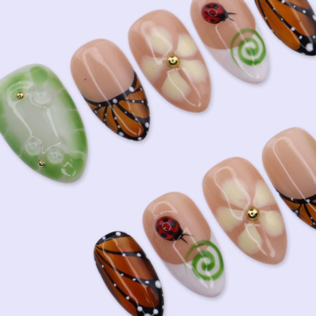 Spring Green Butterfly, Floral & Ladybug Press-On Nail Set