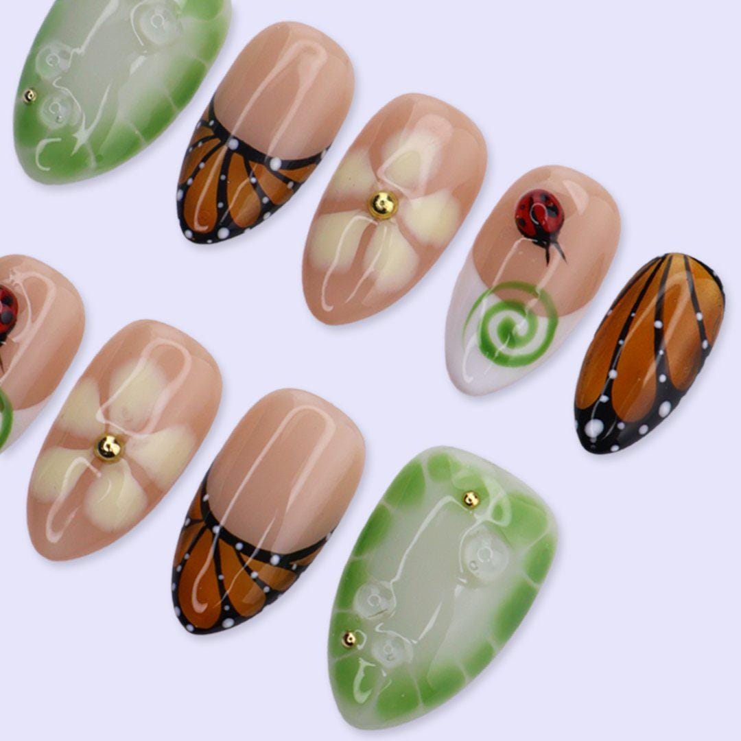 Spring Green Butterfly, Floral & Ladybug Press-On Nail Set