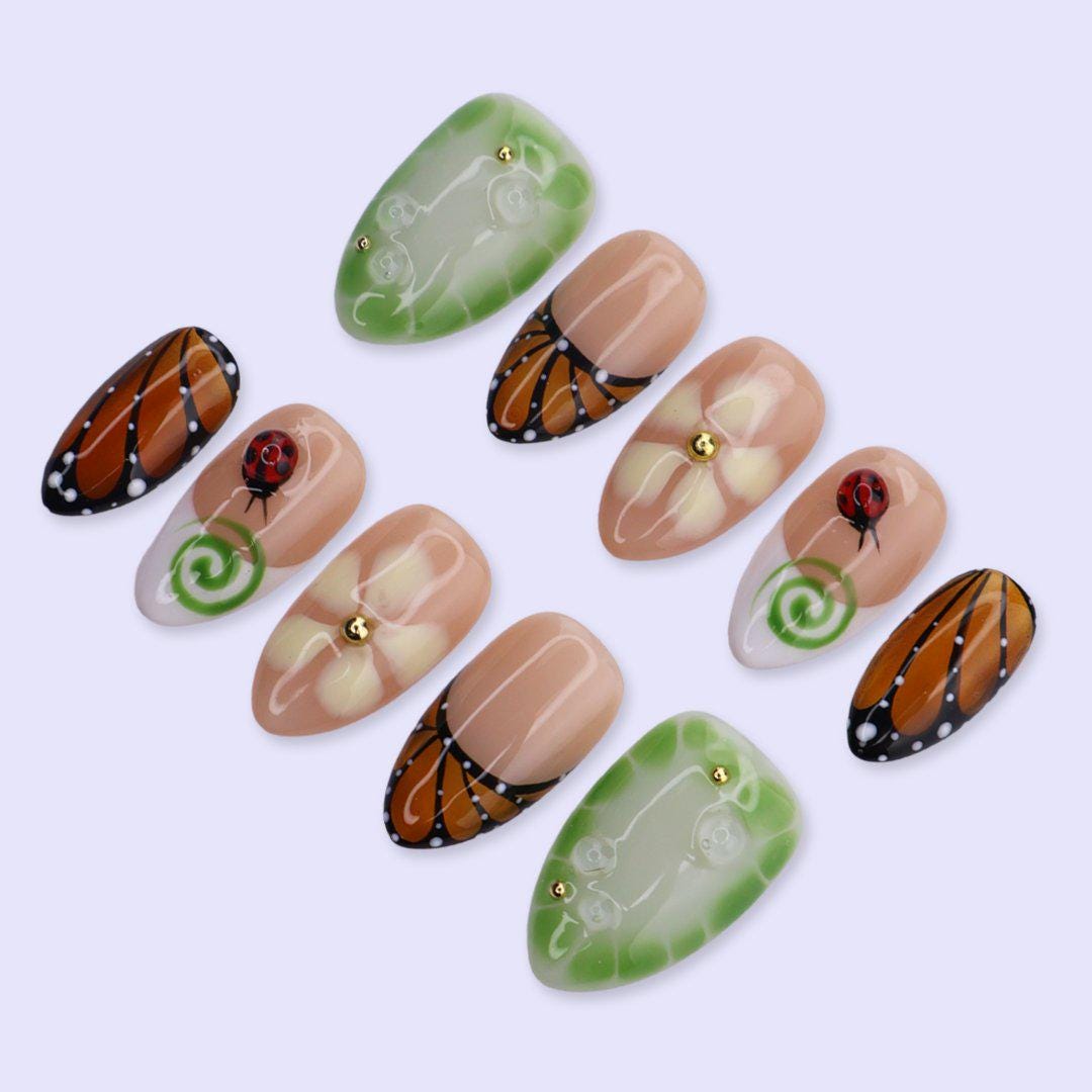 Spring Green Butterfly, Floral & Ladybug Press-On Nail Set