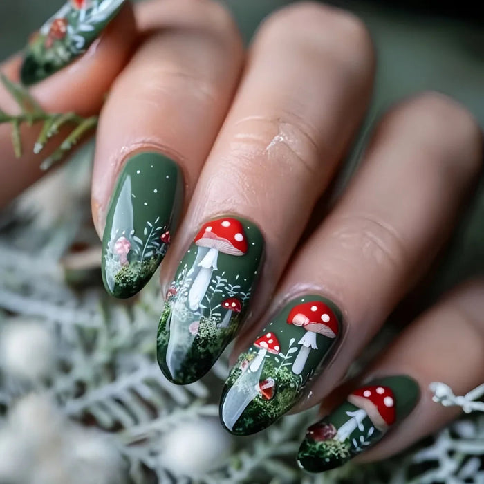 Spring Green Mushroom and Floral Forest Press On Nail Set