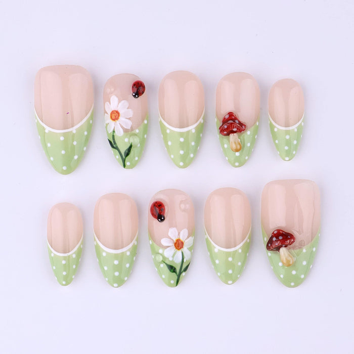 Spring Green Polka Dot French Tip Press On Nails with Daisies, Mushrooms, and Ladybugs