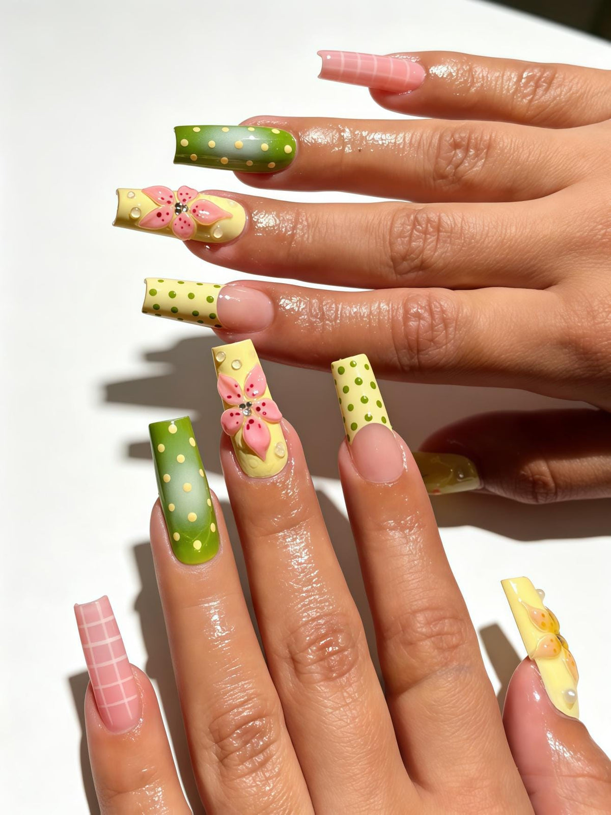 Spring Green, Yellow & Pink Polka Dot Flower Press On Nails