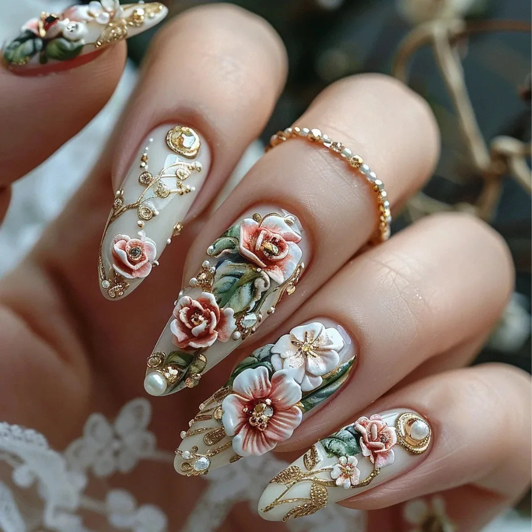 Spring Ivory Floral Press On Nails with 3D Roses, Pearls and Gold Details