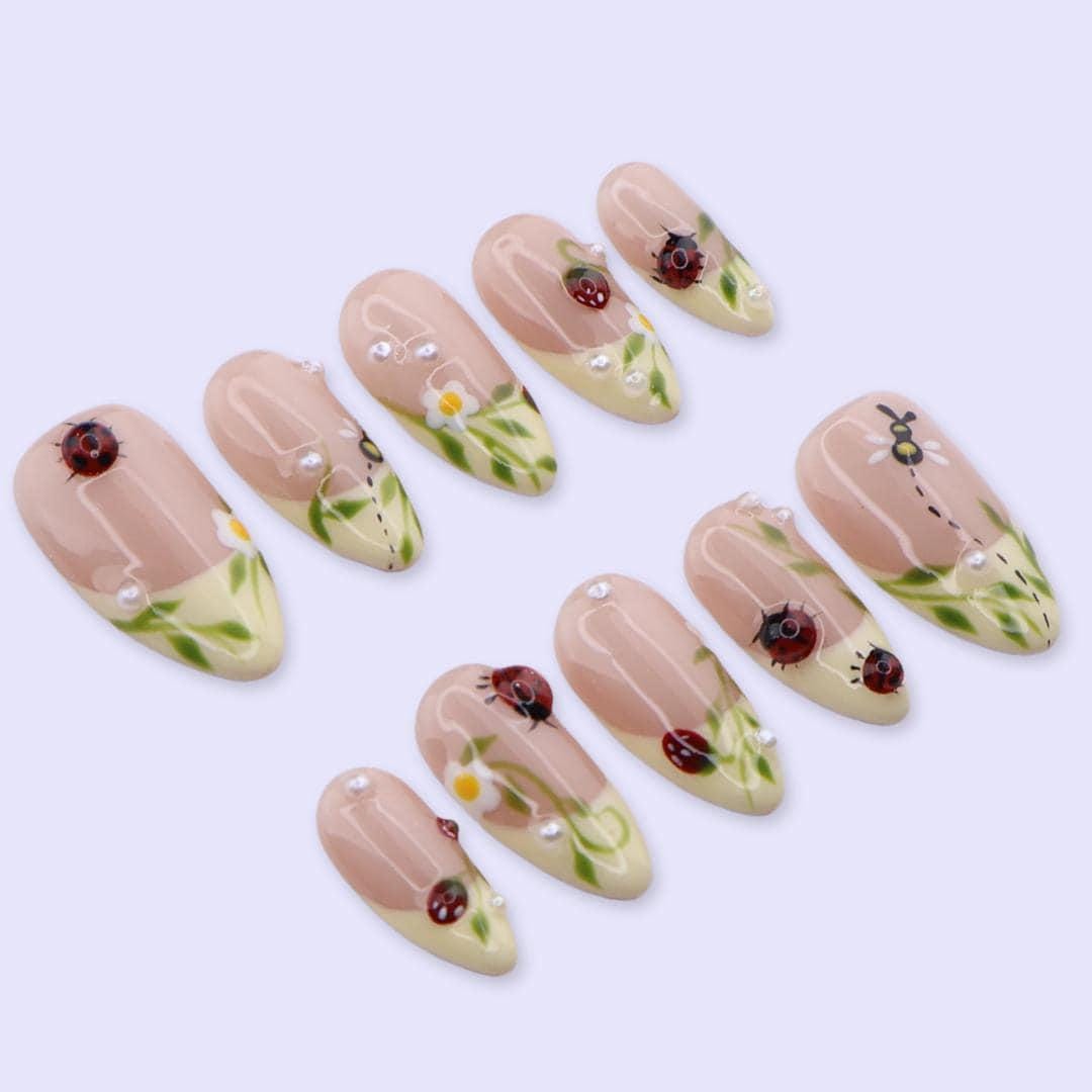 Spring Ladybug and Daisy French Tip Nail Set