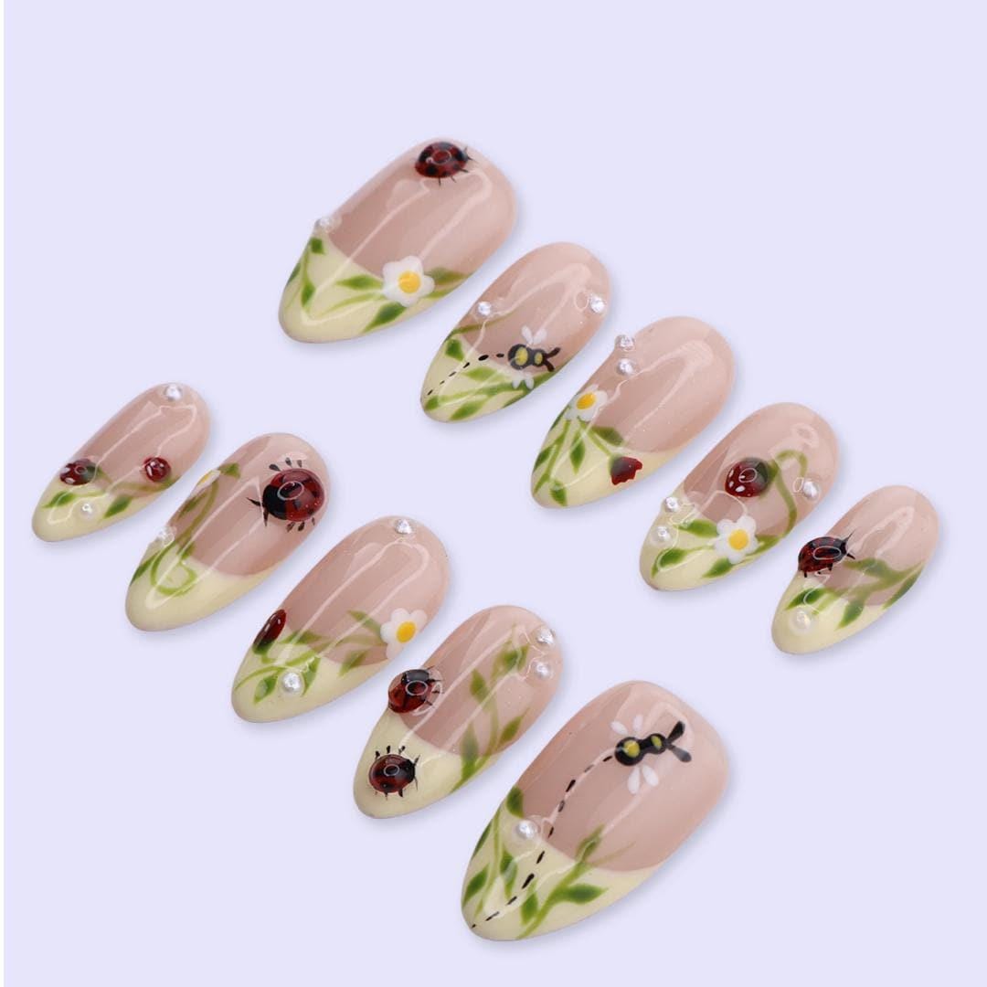Spring Ladybug and Daisy French Tip Nail Set