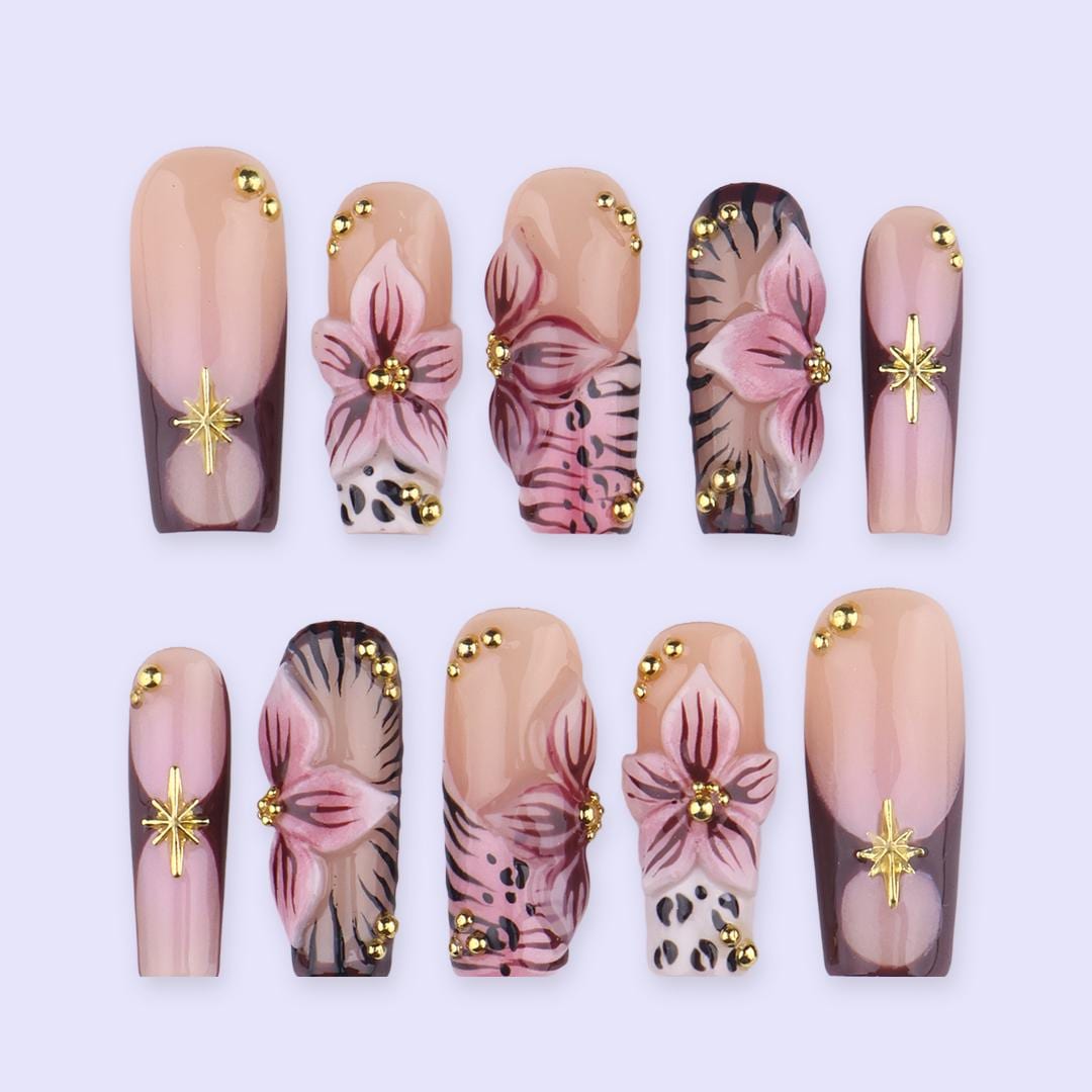 Spring Mocha Floral Press On Nails With Animal Print and Gold Starburst Charms