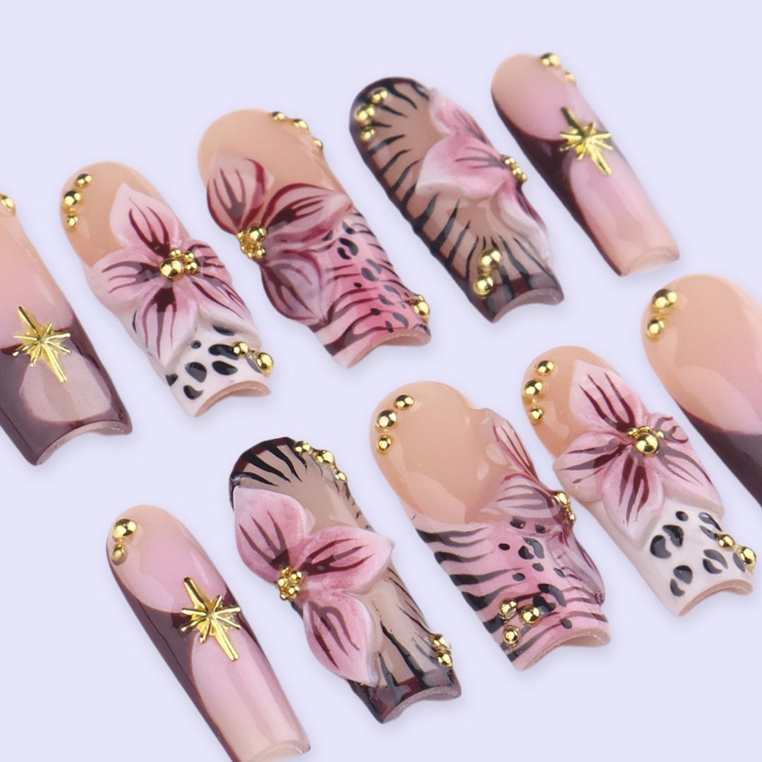 Spring Mocha Floral Press On Nails With Animal Print and Gold Starburst Charms