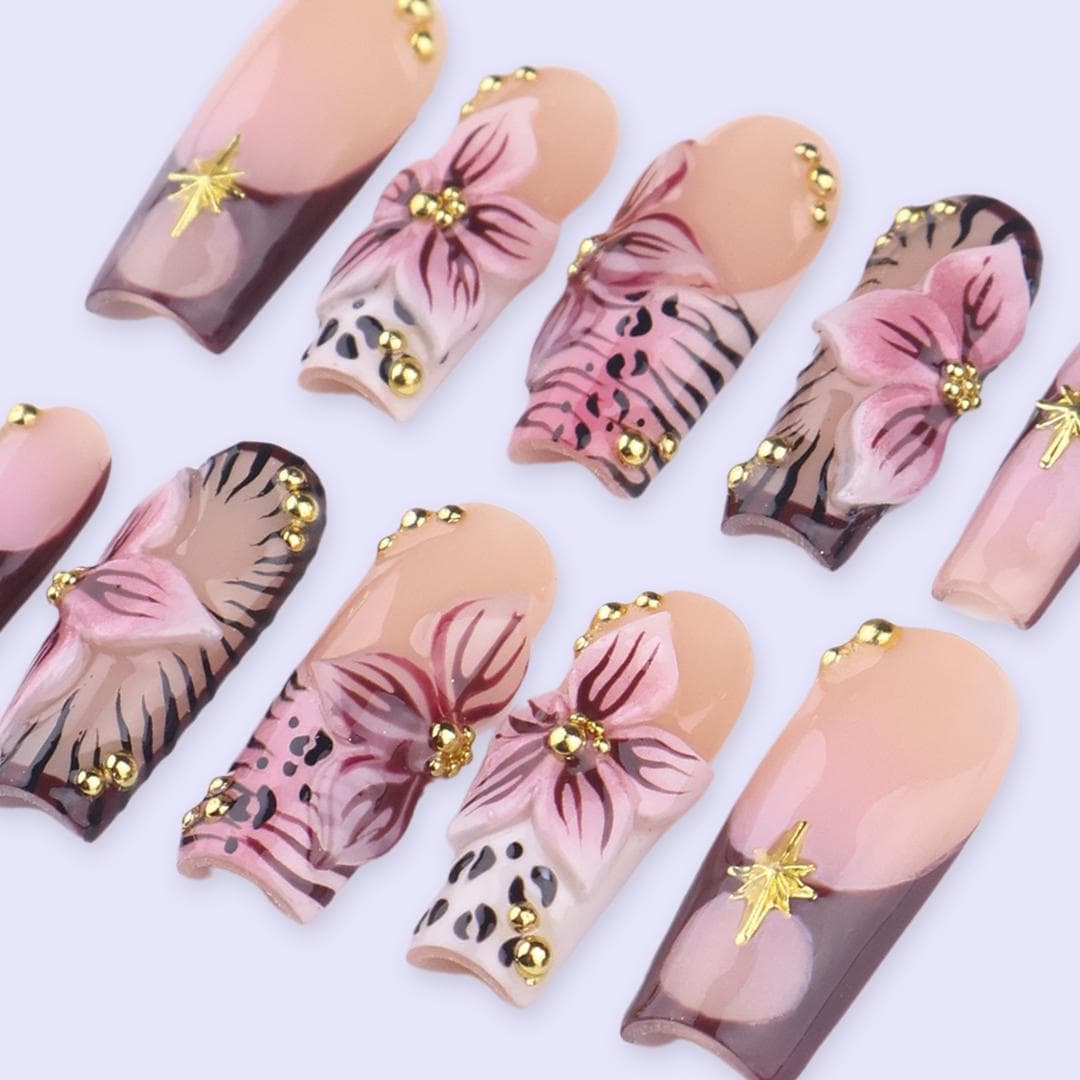 Spring Mocha Floral Press On Nails With Animal Print and Gold Starburst Charms