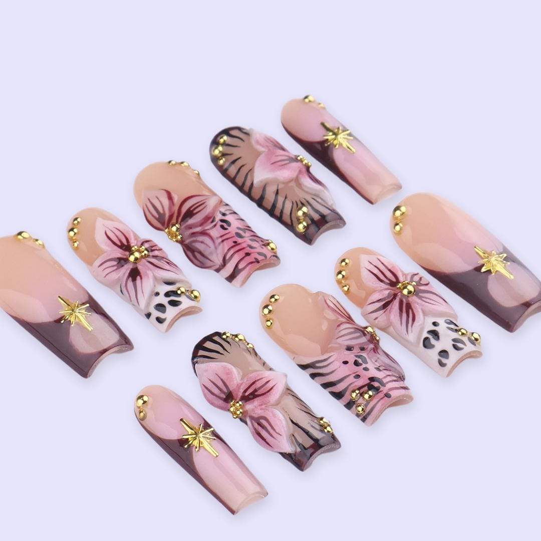 Spring Mocha Floral Press On Nails With Animal Print and Gold Starburst Charms