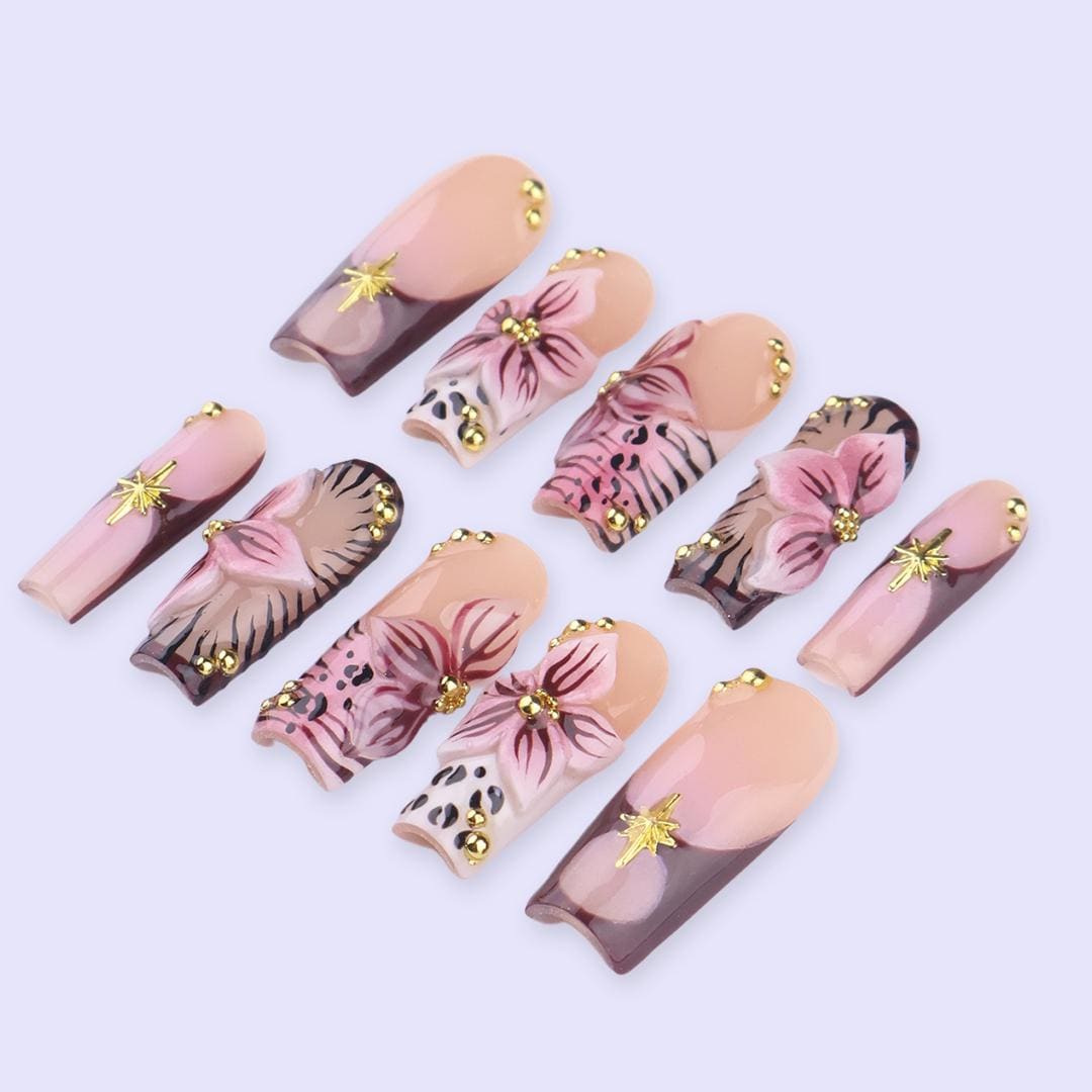 Spring Mocha Floral Press On Nails With Animal Print and Gold Starburst Charms