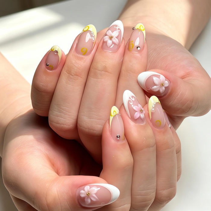 Spring Nude Pink French Tip Press On Nails With Yellow Accents and 3D Cherry Blossoms