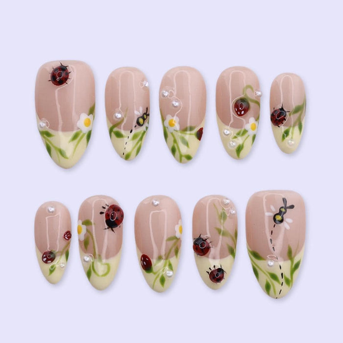 Spring Nude Pink Garden Press On Nails with Daisies, Ladybugs & Green French Tips