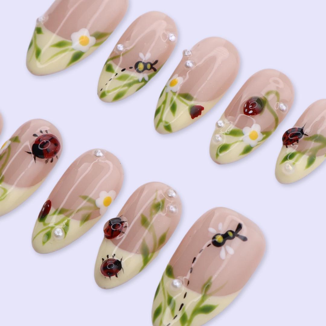 Spring Nude Pink Garden Press On Nails with Daisies, Ladybugs & Green French Tips
